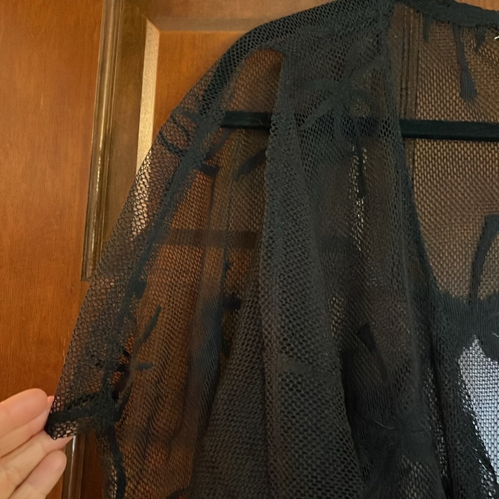 MIKEN PALM PRINT Black Sheer Kimono with Fringe LARGE - Picture 4 of 8